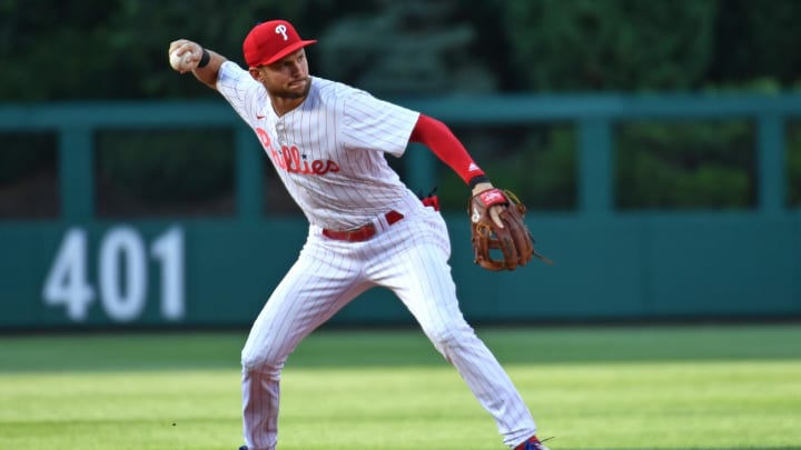 Jun 17, 2024; Philadelphia, Pennsylvania, USA; Philadelphia Phillies shortstop Trea Turner (7) throws to first base.