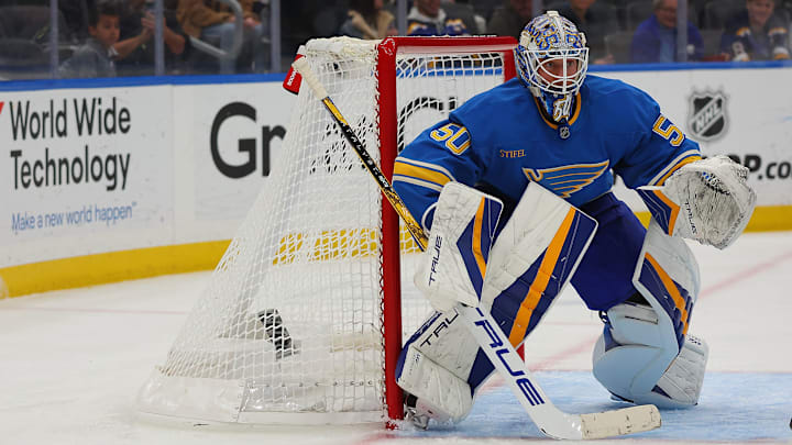 St. Louis Blues goaltender Jordan Binnington looks on during a game earlier this season. Trade rumors surrounding the 31-year old have swirled through the internet.