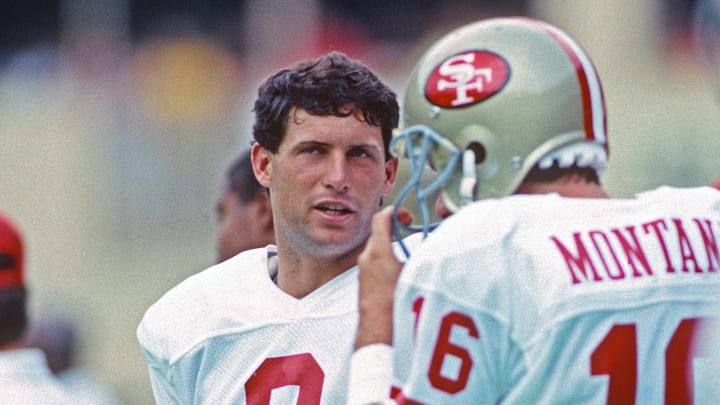 San Francisco 49ers quarterbacks Steve Young (8) and Joe Montana (16)
