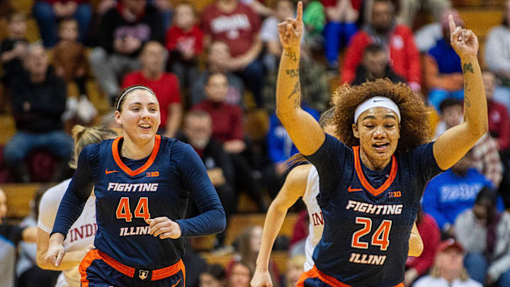 Illinois' Adalia McKenzie (24) and Kendall Bostic (44) celebrate McKenzie's basket during the Indiana versus Illinois women's basketball game at Simon Skjodt Assembly Hall on Thursday, Jan. 16, 2025.