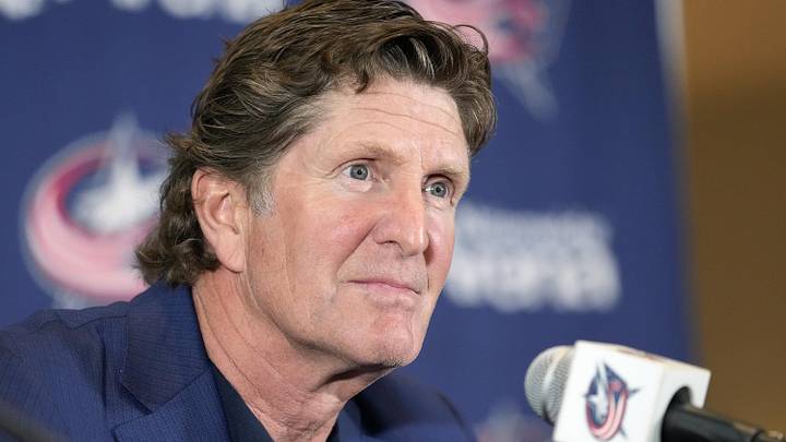 Jul 1, 2023; Columbus, OH, USA; Columbus Blue Jackets introduce Mike Babcock as their new head coach during a press conference at Nationwide Arena. Mandatory Credit: Kyle Robertson-USA TODAY NETWORK Jul 1, 2023; Columbus, OH, USA; Columbus Blue Jackets introduce Mike Babcock as their new head coach during a press conference at Nationwide Arena. Mandatory Credit: Kyle Robertson-USA TODAY NETWORK