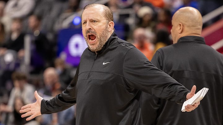 Apr 10, 2025; Detroit, Michigan, USA; New York Knicks Tom Thibodeau Head Coach reacts to a play against the Detroit Pistons during the first half at Little Caesars Arena. Mandatory Credit: David Reginek-Imagn Images