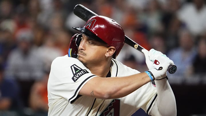 Arizona Diamondbacks' Josh Naylor bats against the Houston Astros in the first inning at Chase Field in Phoenix on July 23, 2025.