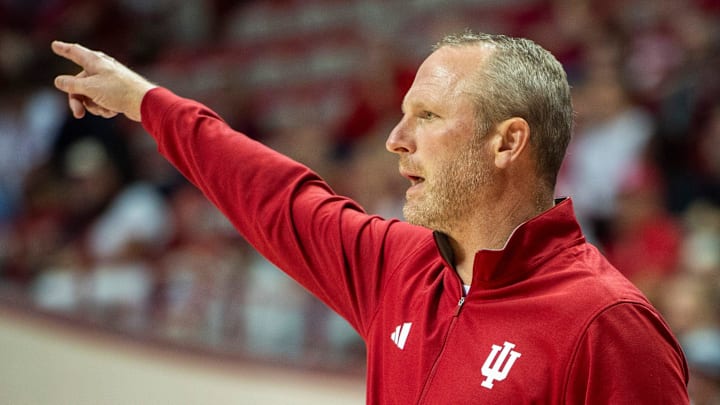 Indiana Head Coach Darian DeVries during the Indiana versus Marian men's basketball game at Simon Skjodt Assembly Hall on Friday, Oct. 17, 2025. Indiana Head Coach Darian DeVries during the Indiana versus Marian men's basketball game at Simon Skjodt Assembly Hall on Friday, Oct. 17, 2025.
