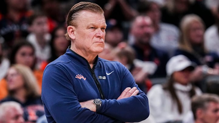 Illinois Fighting Illini head coach Brad Underwood watches the action Friday, March 14, 2025, in a quarterfinals game at the 2025 TIAA Big Ten Men’s Basketball Tournament between the Maryland Terrapins and the Illinois Fighting Illini at Gainbridge Fieldhouse in Indianapolis. Illinois Fighting Illini head coach Brad Underwood watches the action Friday, March 14, 2025, in a quarterfinals game at the 2025 TIAA Big Ten Men’s Basketball Tournament between the Maryland Terrapins and the Illinois Fighting Illini at Gainbridge Fieldhouse in Indianapolis.
