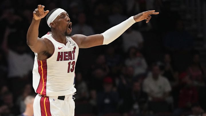 Dec 1, 2025; Miami, Florida, USA; Miami Heat center Bam Adebayo (13) celebrates a three-pointer during the first half against the Los Angeles Clippers at Kaseya Center. Mandatory Credit: Jim Rassol-Imagn Images