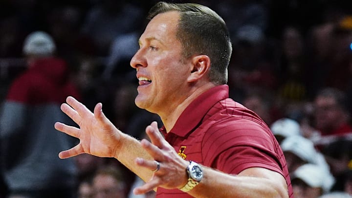 Iowa State Cyclones men's basketball head coach T.J. Otzelberger calls a play during the second half against Oklahoma State in the Big-12 men’s basketball on Jan. 10, 2026, at Hilton Coliseum in Ames, Iowa.