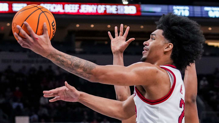 Rutgers Scarlet Knights guard Dylan Harper (2) goes up for a basket Wednesday, March 12, 2025, in a first round game at the 2025 TIAA Big Ten Men’s Basketball Tournament between the USC Trojans and the Rutgers Scarlet Knights at Gainbridge Fieldhouse in Indianapolis. The USC Trojans defeated the Rutgers Scarlet Knights, 97-89.