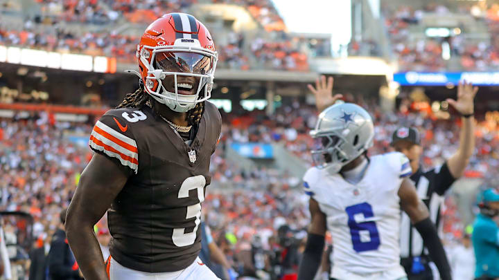 Cleveland Browns wide receiver Jerry Jeudy (3) celebrates after scoring his first touchdown as a Brown during the second half of an NFL football game against the Dallas Cowboys at Huntington Bank Field, Sunday, Sept. 8, 2024, in Cleveland, Ohio. Cleveland Browns wide receiver Jerry Jeudy (3) celebrates after scoring his first touchdown as a Brown during the second half of an NFL football game against the Dallas Cowboys at Huntington Bank Field, Sunday, Sept. 8, 2024, in Cleveland, Ohio.