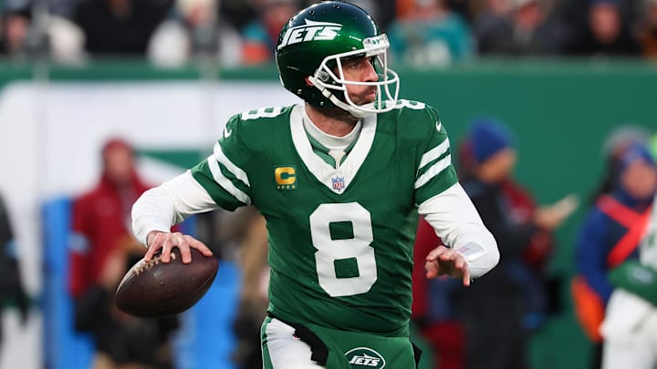 Jan 5, 2025; East Rutherford, New Jersey, USA; New York Jets quarterback Aaron Rodgers (8) throws a pass during the first quarter of their game against the Miami Dolphins at MetLife Stadium. Mandatory Credit: Ed Mulholland-Imagn Images Jan 5, 2025; East Rutherford, New Jersey, USA; New York Jets quarterback Aaron Rodgers (8) throws a pass during the first quarter of their game against the Miami Dolphins at MetLife Stadium. Mandatory Credit: Ed Mulholland-Imagn Images