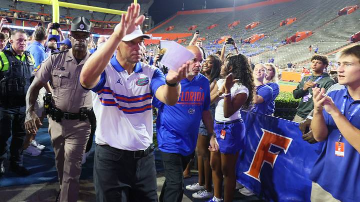 Florida head coach Jon Sumrall gator chomps to the fans as he leaves the field after the second half an NCAA football game at Steve Spurrier Field at Ben Hill Griffin Stadium in Gainesville, FL on Saturday, September 5, 2026. Gators won 66-21. [Alan Youngblood/Gainesville Sun]