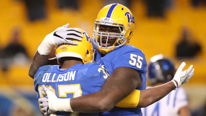 Nov 19, 2016; Pittsburgh, PA, USA;  Pittsburgh Panthers running back Qadree Ollison (37) and offensive lineman Jaryd Jones-Smith (55) celebrate a touchdown by Ollison against the Duke Blue Devils during the fourth quarter at Heinz Field. Pittsburgh won 56-14. Mandatory Credit: Charles LeClaire-USA TODAY Sports