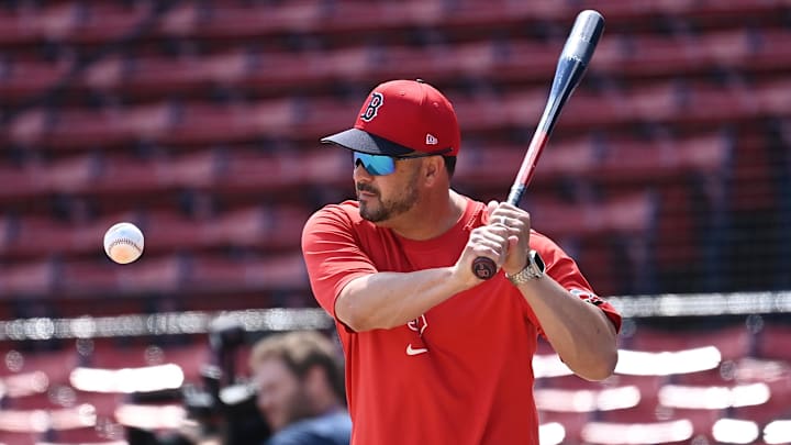 Aug 11, 2024; Boston, Massachusetts, USA; Boston Red Sox bench coach Ramon Vazquez (60) warms up the team before a game against the Houston Astros at Fenway Park. Aug 11, 2024; Boston, Massachusetts, USA; Boston Red Sox bench coach Ramon Vazquez (60) warms up the team before a game against the Houston Astros at Fenway Park.