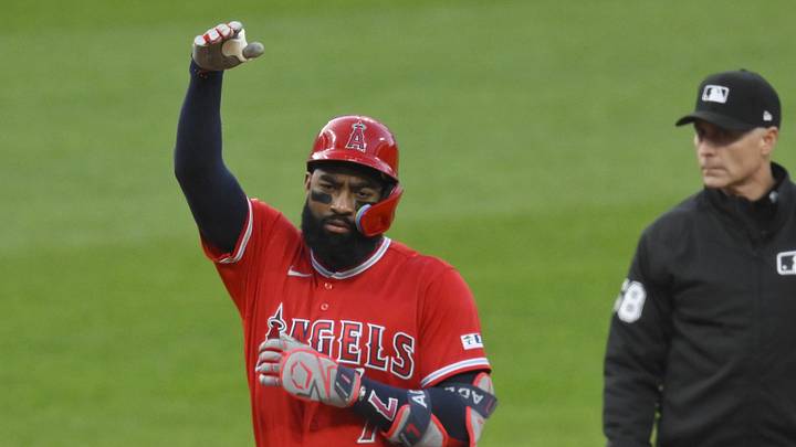 May 11, 2026; Cleveland, Ohio, USA; Los Angeles Angels right fielder Jo Adell (7) celebrates his double in the sixth inning against the Cleveland Guardians at Progressive Field. Mandatory Credit: David Richard-Imagn Images May 11, 2026; Cleveland, Ohio, USA; Los Angeles Angels right fielder Jo Adell (7) celebrates his double in the sixth inning against the Cleveland Guardians at Progressive Field. Mandatory Credit: David Richard-Imagn Images