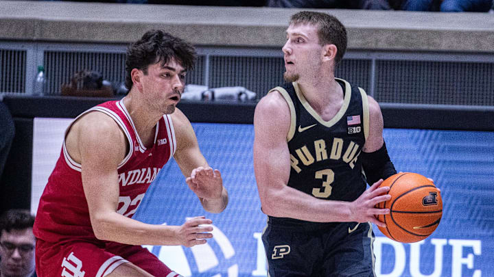 Purdue's Braden Smith (3) guarded by Indiana's Trey Galloway (32) at Mackey Arena. 