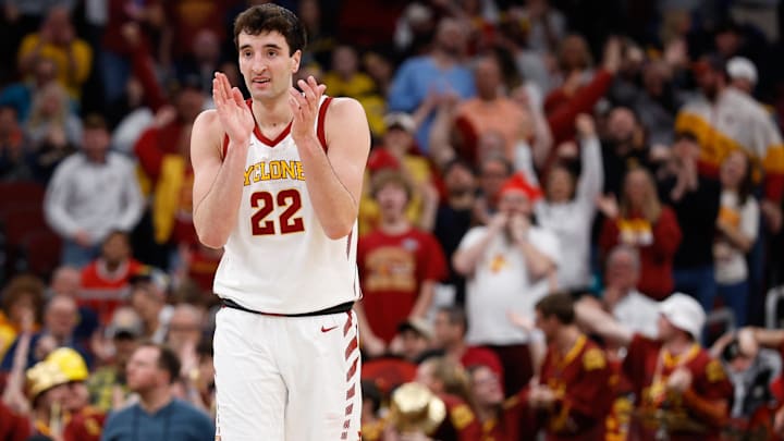 Mar 27, 2026; Chicago, IL, USA; Iowa State Cyclones forward Milan Momcilovic (22) reacts in the first half against the Tennessee Volunteers during a Sweet Sixteen game of the Midwest Regional of the men's 2026 NCAA Tournament at United Center.