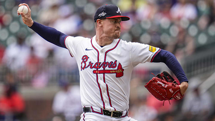 Jun 5, 2025; Cumberland, Georgia, USA; Atlanta Braves relief pitcher Scott Blewett (63) pitches against the Arizona Diamondbacks during the ninth inning at Truist Park.