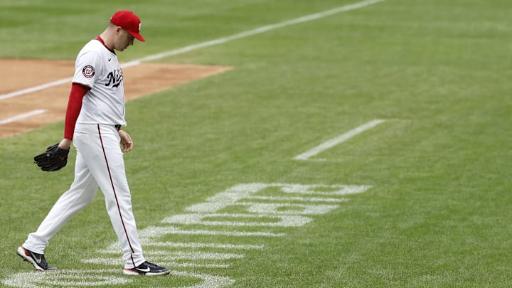 Sep 26, 2024; Washington, District of Columbia, USA; Washington Nationals pitcher Patrick Corbin (46) walks off the field against the Kansas City Royals during the sixth inning after being removed from the game in what is likely his final start for the Nationals at Nationals Park.