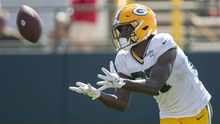 Aug 3, 2023; Green Bay, WI, USA; Green Bay Packers wide receiver Romeo Doubs (87) catches a pass during practice at Ray Nitschke Field. Mandatory Credit: Tork Mason/USA TODAY NETWORK-Wisconsin/Imagn Images