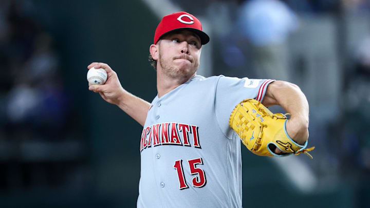 Apr 4, 2026; Arlington, Texas, USA;  Cincinnati Reds pitcher Emilio Pagan (15) throws during the ninth inning against the Texas Rangers at Globe Life Field. Mandatory Credit: Kevin Jairaj-Imagn Images