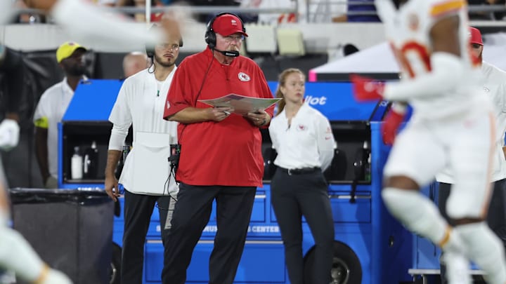 Oct 6, 2025; Jacksonville, Florida, USA; Kansas City Chiefs head coach Andy Reid during the first half against the Jacksonville Jaguars at EverBank Stadium. Mandatory Credit: Morgan Tencza-Imagn Images Oct 6, 2025; Jacksonville, Florida, USA; Kansas City Chiefs head coach Andy Reid during the first half against the Jacksonville Jaguars at EverBank Stadium. Mandatory Credit: Morgan Tencza-Imagn Images
