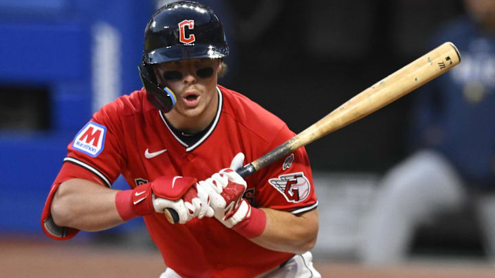 Apr 28, 2026: Cleveland Guardians second baseman Travis Bazzana (37) reacts after taking ball four in the eighth inning against the Tampa Bay Rays at Progressive Field.