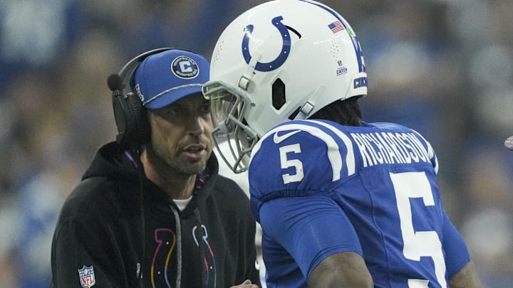 Sep 29, 2024; Indianapolis, Indiana, USA;  Indianapolis Colts quarterback Anthony Richardson (5) talks with Indianapolis Colts Shane Steichen on Sunday, Sept. 29, 2024, during a game against the Pittsburgh Steelers at Lucas Oil Stadium in Indianapolis. Mandatory Credit: Christine Tannous-USA TODAY Network via Imagn Images