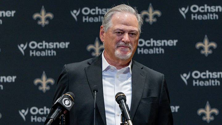 Nov 23, 2025; New Orleans, Louisiana, USA;  New Orleans Saints general manager Mickey Loomis during the Jimmy Graham retirement at Caesars Superdome. Mandatory Credit: Stephen Lew-Imagn Images