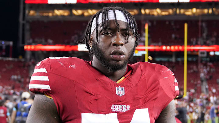 Sep 9, 2024; Santa Clara, California, USA; San Francisco 49ers offensive tackle Spencer Burford (74) after defeating the New York Jets at Levi's Stadium. Mandatory Credit: Darren Yamashita-Imagn Images