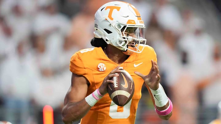 Oct 12, 2024; Knoxville, Tennessee, USA; Tennessee Volunteers quarterback Nico Iamaleava (8) prepares to throw a pass against the Florida Gators at Neyland Stadium. Mandatory Credit: Brianna Paciorka/USA TODAY Network via Imagn Images