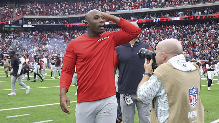 Oct 27, 2024; Houston, Texas, USA; Houston Texans head coach DeMeco Ryans reacts after the game against the Indianapolis Colts at NRG Stadium. Mandatory Credit: Troy Taormina-Imagn Images