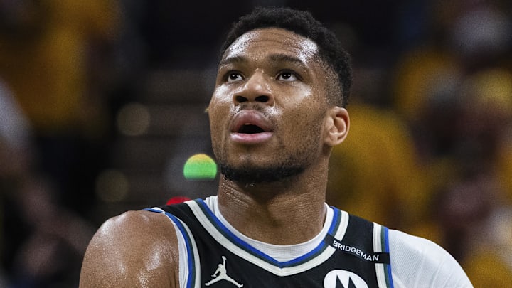 Apr 19, 2025; Indianapolis, Indiana, USA; Milwaukee Bucks forward Giannis Antetokounmpo (34) in the first half against the Indiana Pacers at Gainbridge Fieldhouse.