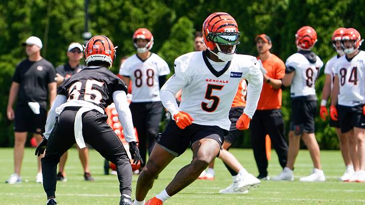Cincinnati Bengals wide receiver Tee Higgins (5) runs drills during minicamp, Tuesday, June 16, 2026, at Kettering Health Practice Fields in downtown Cincinnati.