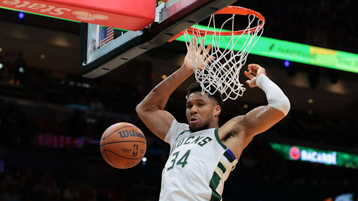 Mar 12, 2026; Miami, Florida, USA; Milwaukee Bucks forward Giannis Antetokounmpo (34) dunks against the Miami Heat during the second quarter at Kaseya Center. Mandatory Credit: Sam Navarro-Imagn Images
