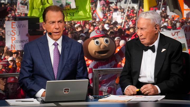Brutus Buckeye stands in the crowd behind Lee Corso and Nick Saban on the set of ESPN College GameDay prior to the football game against Texas on Aug. 30, 2025. Brutus Buckeye stands in the crowd behind Lee Corso and Nick Saban on the set of ESPN College GameDay prior to the football game against Texas on Aug. 30, 2025.