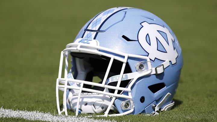 Sep 30, 2017; Atlanta, GA, USA; Detailed view of a North Carolina Tar Heels helmet on the field before a game against the Georgia Tech Yellow Jackets at Bobby Dodd Stadium. Mandatory Credit: Brett Davis-Imagn Images