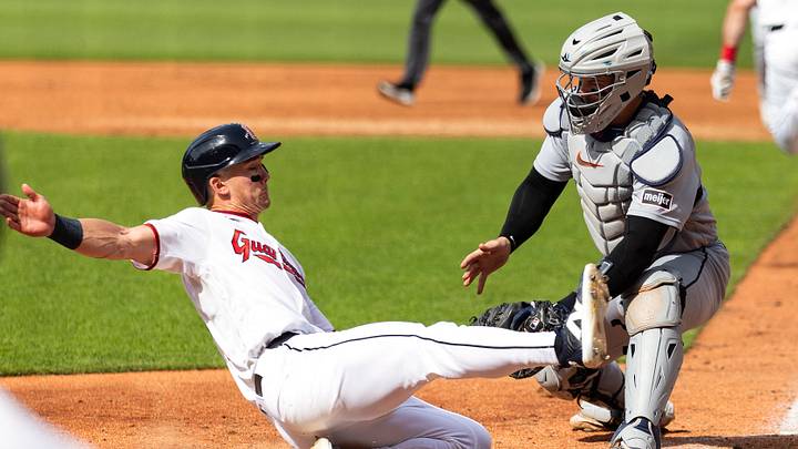 Jun 13, 2026: Detroit Tigers catcher Dillon Dingler (13) tags out Cleveland Guardians center fielder Stuart Fairchild (17) at home plate during the second inning at Progressive Field. Credit: Scott Galvin-Imagn Images Jun 13, 2026: Detroit Tigers catcher Dillon Dingler (13) tags out Cleveland Guardians center fielder Stuart Fairchild (17) at home plate during the second inning at Progressive Field. Credit: Scott Galvin-Imagn Images