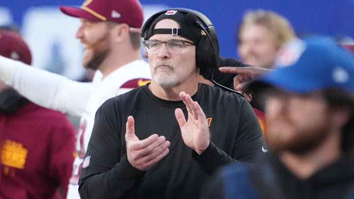 Nov 3, 2024; East Rutherford, New Jersey, USA; Washington Commanders head coach Dan Quinn against the New York Giants at MetLife Stadium. Mandatory Credit: Robert Deutsch-Imagn Images