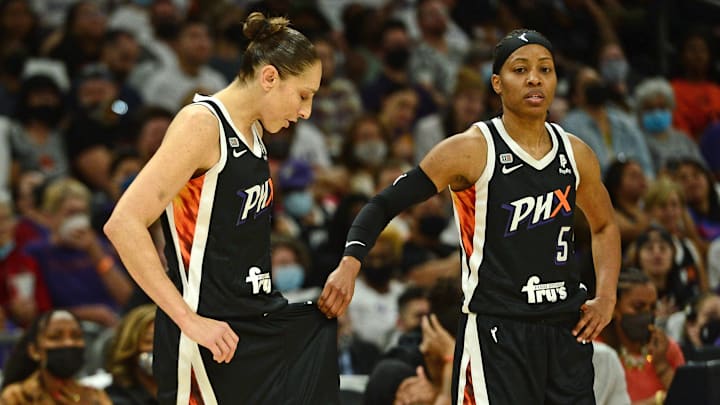 Oct 10, 2021; Phoenix, Arizona, USA; Phoenix Mercury guard Shey Peddy (5) pulls the shorts of Phoenix Mercury guard Diana Taurasi (3) during the second half of game one of the 2021 WNBA Finals against the Chicago Sky at Footprint Center. Mandatory Credit: Joe Camporeale-Imagn Images