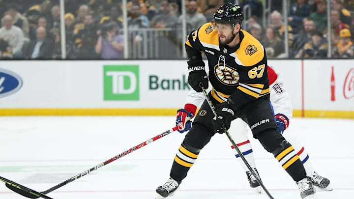 Mar 23, 2023; Boston, Massachusetts, USA; Boston Bruins defenseman Jakub Zboril (67) possesses the puck during a game at TD Garden against the Montreal Canadiens