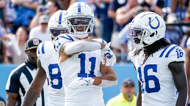 Indianapolis Colts wide receiver Michael Pittman Jr. (11) celebrates his touchdown against the Tennessee Titans during the fourth quarter at Nissan Stadium in Nashville, Tenn., Sunday, Oct. 13, 2024.