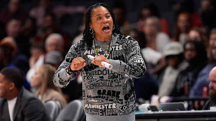Nov 10, 2024; Charlotte, NC, USA; South Carolina Gamecocks head coach Dawn Staley during the first half of the Ally Tip Off at Spectrum Center. Mandatory Credit: Jim Dedmon-Imagn Images