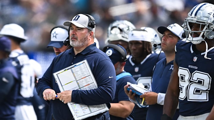 Aug 11, 2024; Inglewood, California, USA; Dallas Cowboys head coach Mike McCarthy on the sidelines against the Los Angeles Rams during the second quarter at SoFi Stadium.