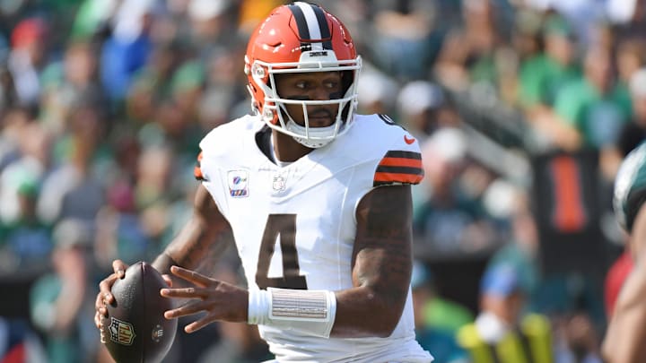 Oct 13, 2024; Philadelphia, Pennsylvania, USA; Cleveland Browns quarterback Deshaun Watson (4) against the Philadelphia Eagles  at Lincoln Financial Field. Mandatory Credit: Eric Hartline-Imagn Images
