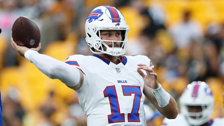Aug 17, 2024; Pittsburgh, Pennsylvania, USA; Buffalo Bills quarterback Josh Allen (17) warms up on the field before a game against the Pittsburgh Steelers at Acrisure Stadium. Aug 17, 2024; Pittsburgh, Pennsylvania, USA; Buffalo Bills quarterback Josh Allen (17) warms up on the field before a game against the Pittsburgh Steelers at Acrisure Stadium.