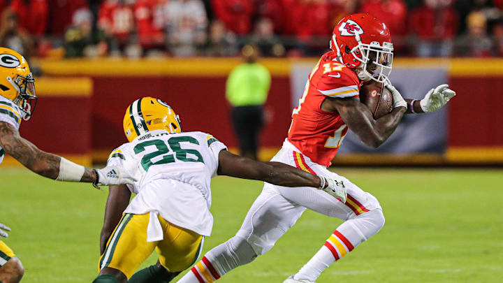 Kansas City Chiefs wide receiver Mecole Hardman (17) runs against Green Bay Packers defensive back Darnell Savage in 2019. Kansas City Chiefs wide receiver Mecole Hardman (17) runs against Green Bay Packers defensive back Darnell Savage in 2019.