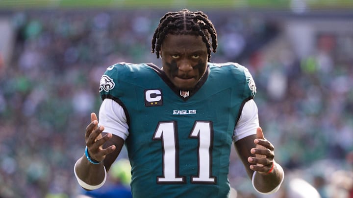 Dec 8, 2024; Philadelphia, Pennsylvania, USA;  Philadelphia Eagles wide receiver A.J. Brown (11) in a game against the Carolina Panthers at Lincoln Financial Field. Mandatory Credit: Bill Streicher-Imagn Images