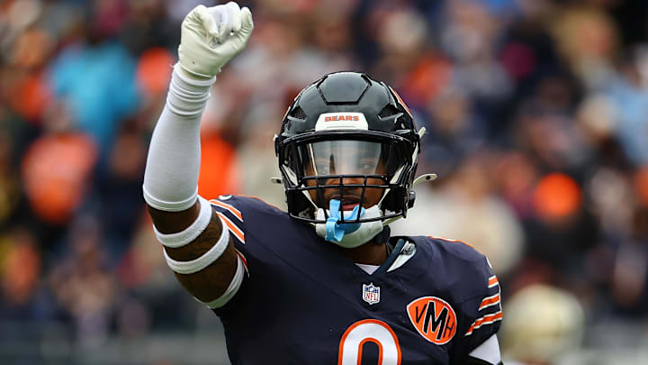 Oct 19, 2025; Chicago, Illinois, USA; Chicago Bears safety Jaquan Brisker (9) reacts against the New Orleans Saints during the first quarter at Soldier Field.