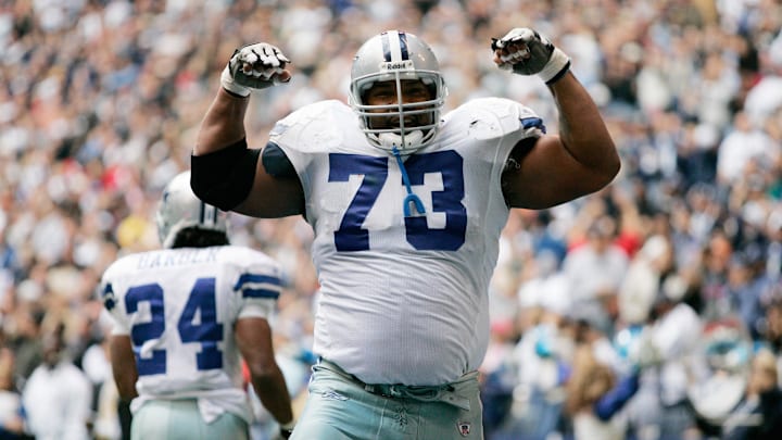 Nov. 20, 2005; Irving, Texas USA; Dallas Cowboys guard (73) Larry Allen celebrates a touchdown by running back (24) Marion Barber during the 3rd quarter against the Detroit Lions at Texas Stadium. Nov. 20, 2005; Irving, Texas USA; Dallas Cowboys guard (73) Larry Allen celebrates a touchdown by running back (24) Marion Barber during the 3rd quarter against the Detroit Lions at Texas Stadium.