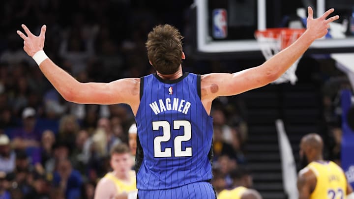Orlando Magic forward Franz Wagner (22) reacts after a basket against the Los Angeles Lakers in the second quarter at Kia Center.